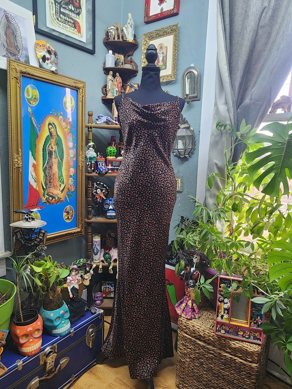 Forever 21 Black Maxi Dress with Pink & Green Micro Print